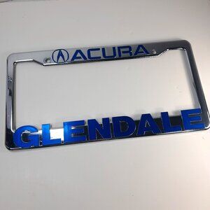Acura Glendale California License Plate Frame Front Or Rear Silver blue Plastic